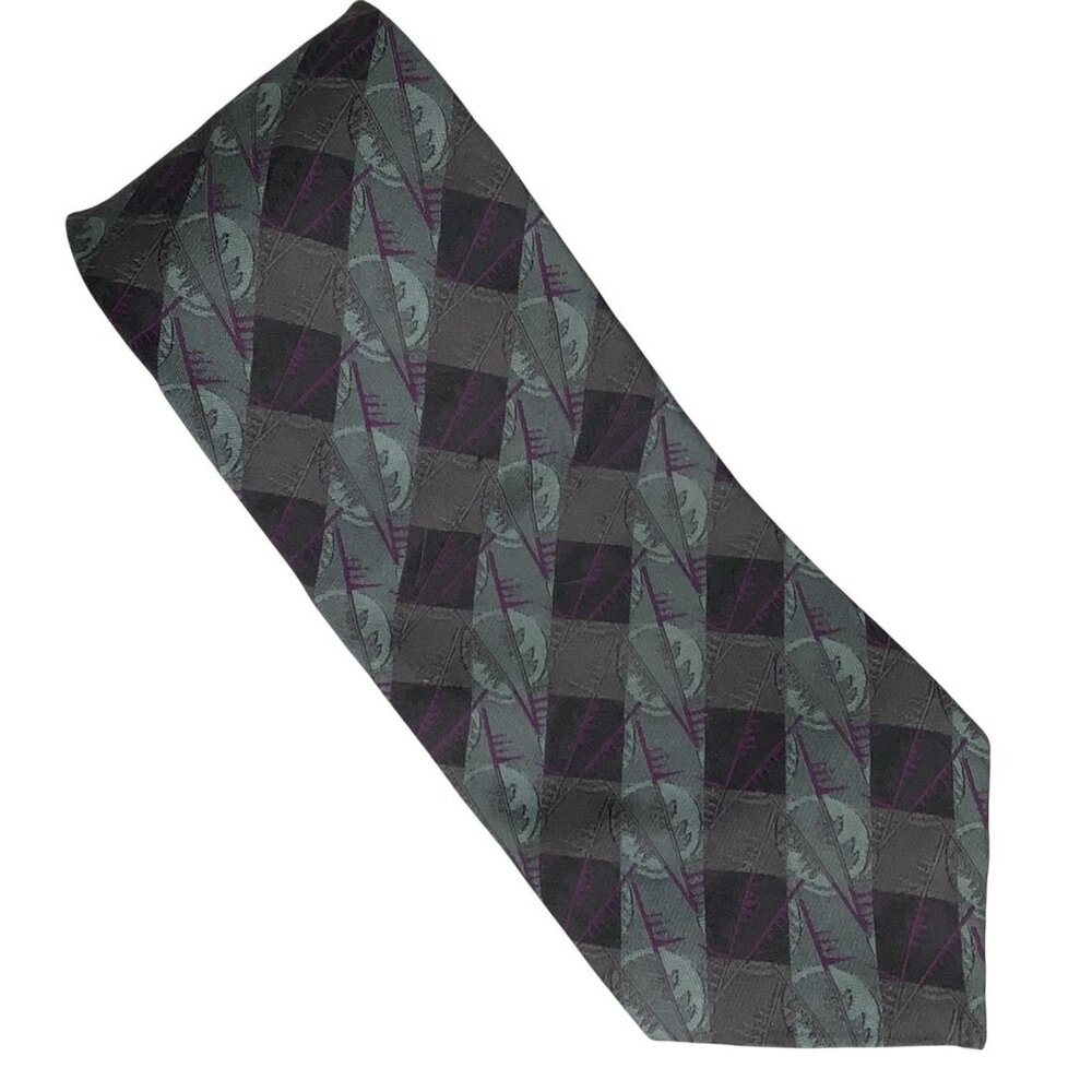 Audrey Buckner Silk Tie Mens Jacquard Black Purple Abstract Geometric VTG 57x4